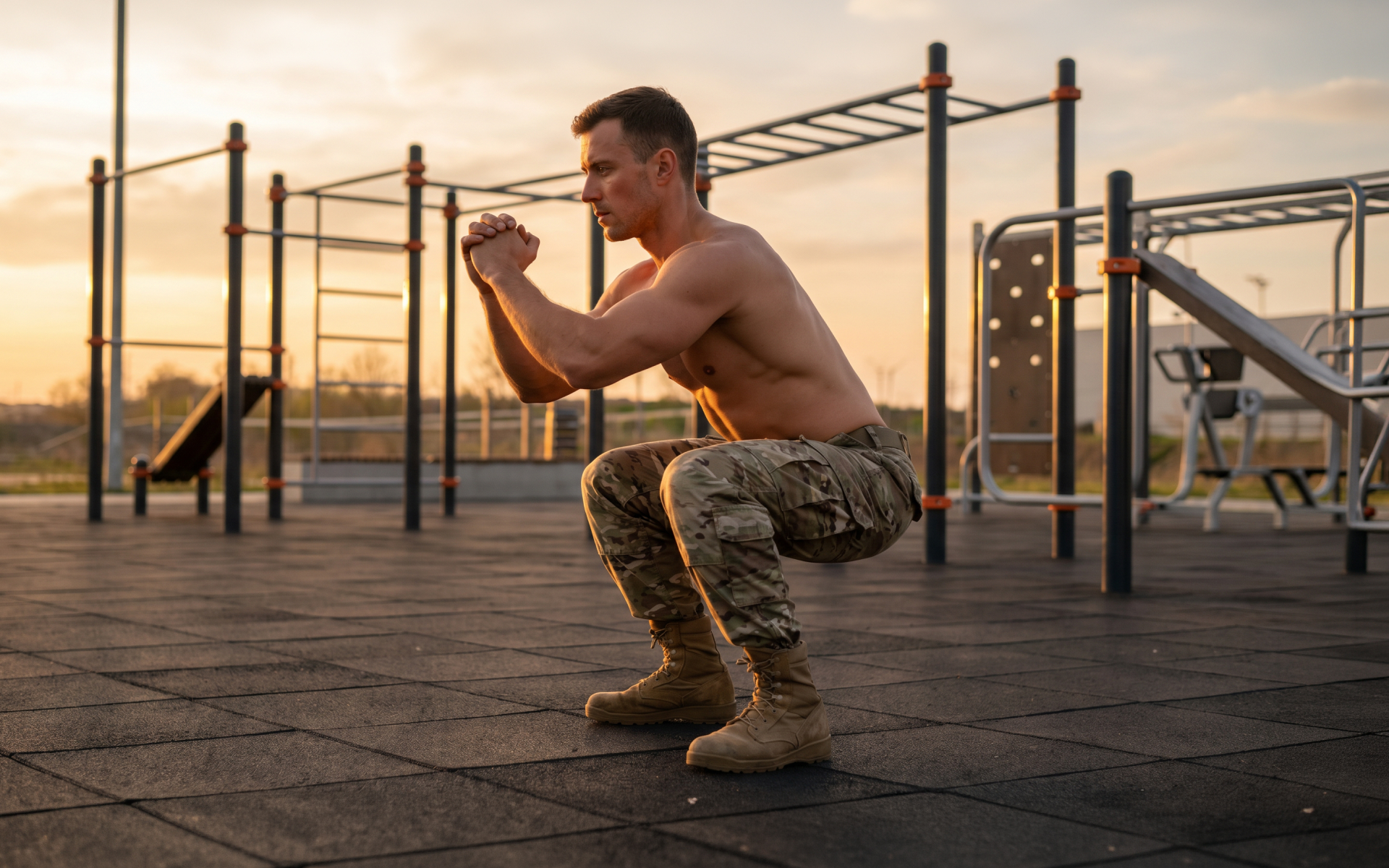 Man doing a bodyweight squat at an outdoor fitness park during a military workout.