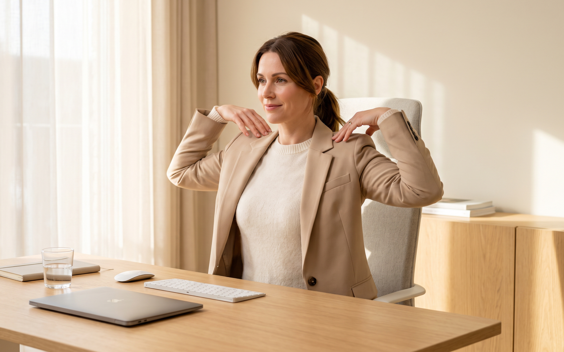 Woman performing shoulder stretches while seated at her desk, demonstrating simple desk job exercises.