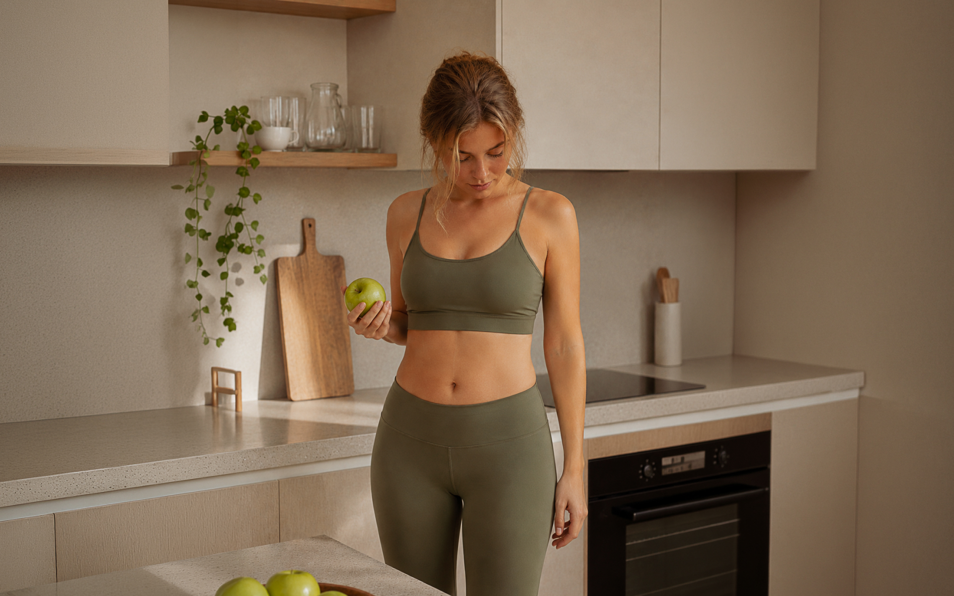 Woman in activewear holding a green apple in a kitchen, illustrating a skinny apple body shape.