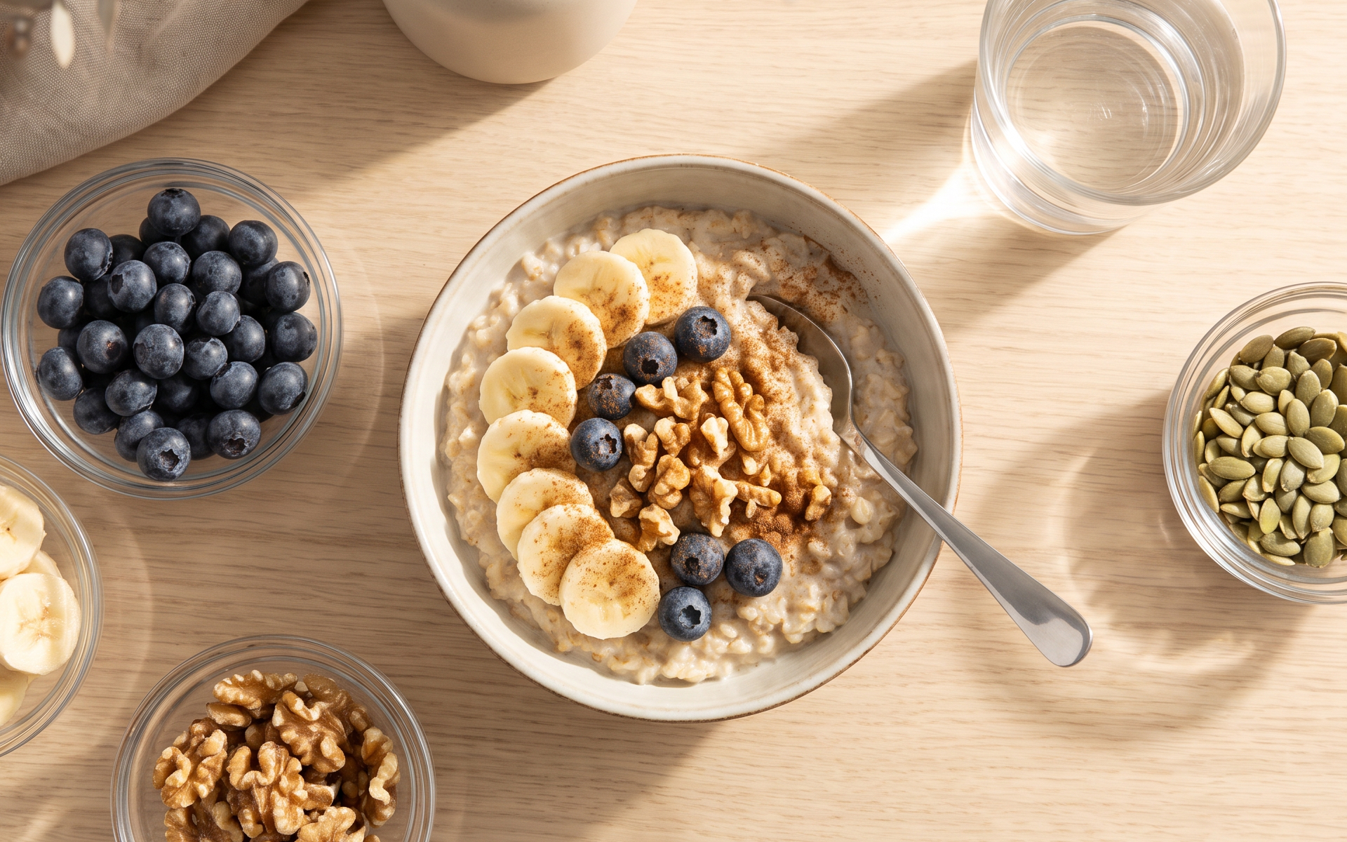 Bowl of oatmeal topped with bananas, blueberries, walnuts, and cinnamon for a whole food vegan diet.