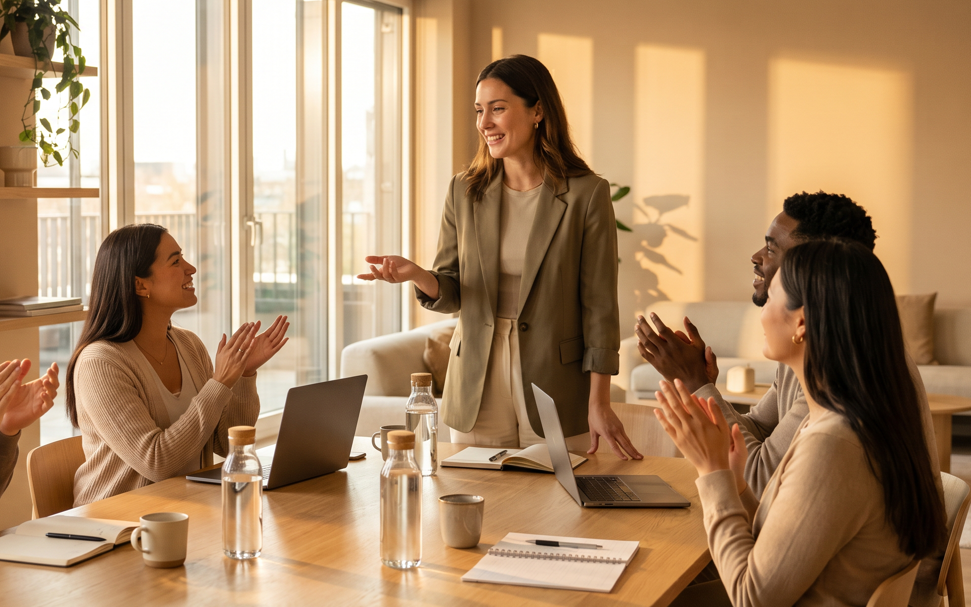 Team applauds a colleague during a workplace wellness meeting about running high-engagement wellness challenges.