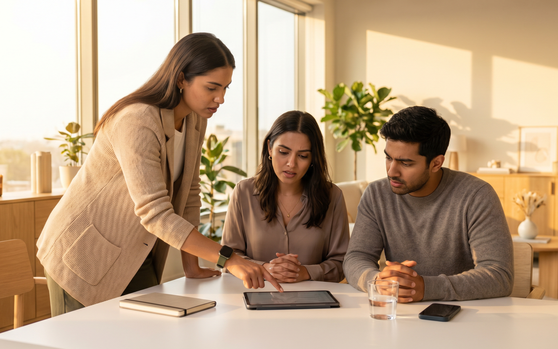 Three coworkers review a tablet together in a bright office while discussing corporate wellness program engagement.