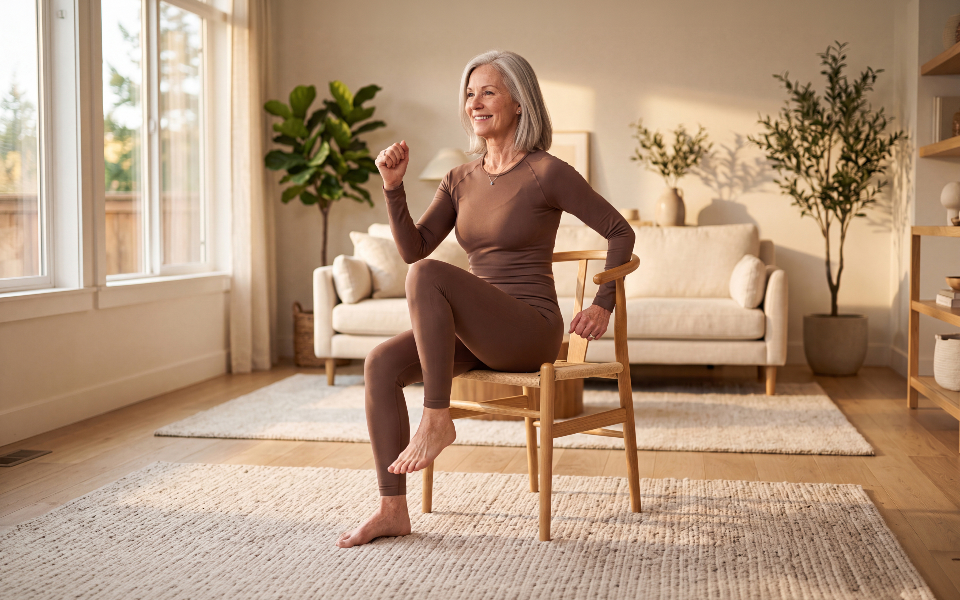 Older woman performing a seated knee raise on a chair during seated core exercises for seniors.