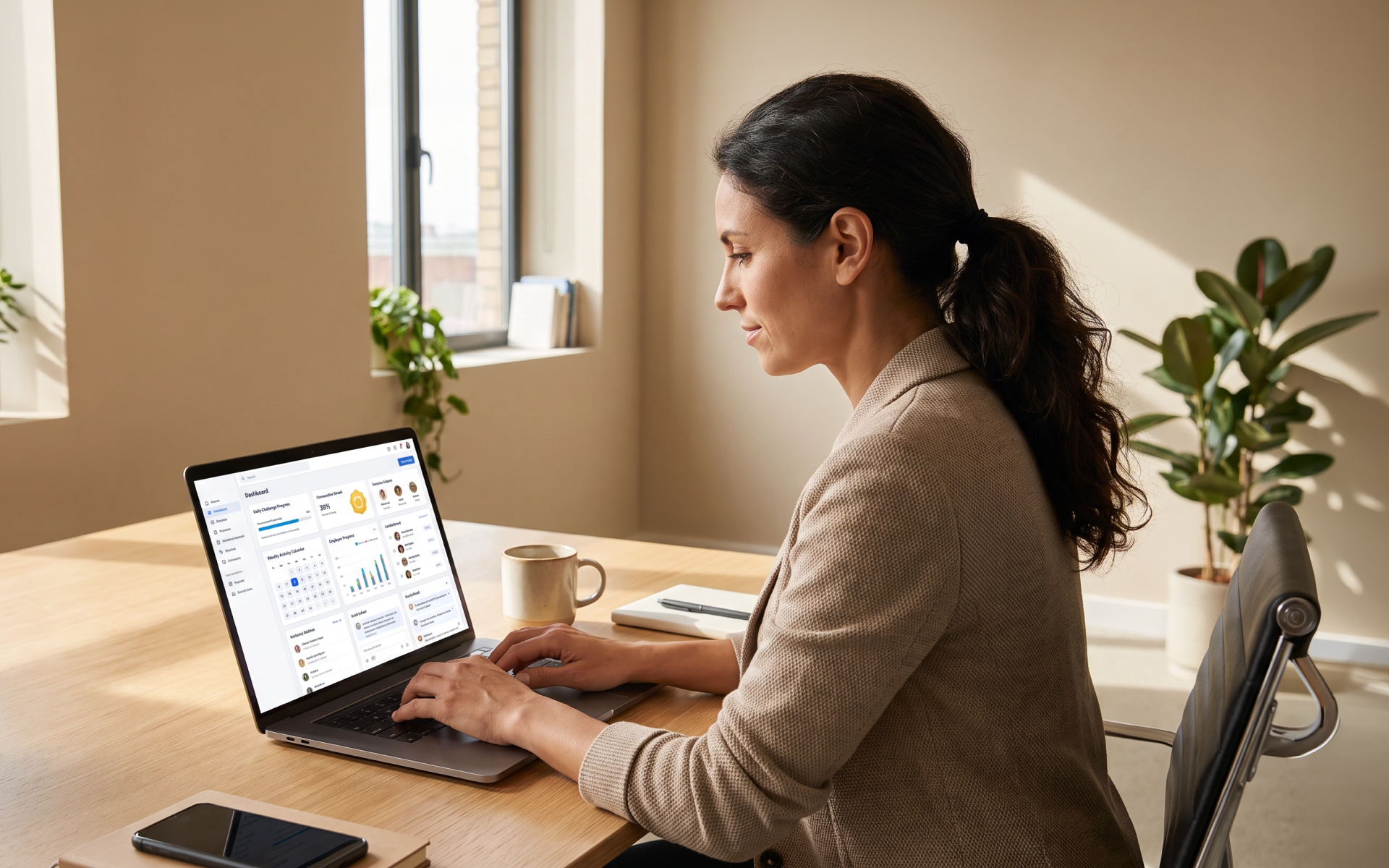 HR professional reviewing a wellness challenge dashboard on a laptop, exploring what features HR should look for in an employee wellness challenge platform.