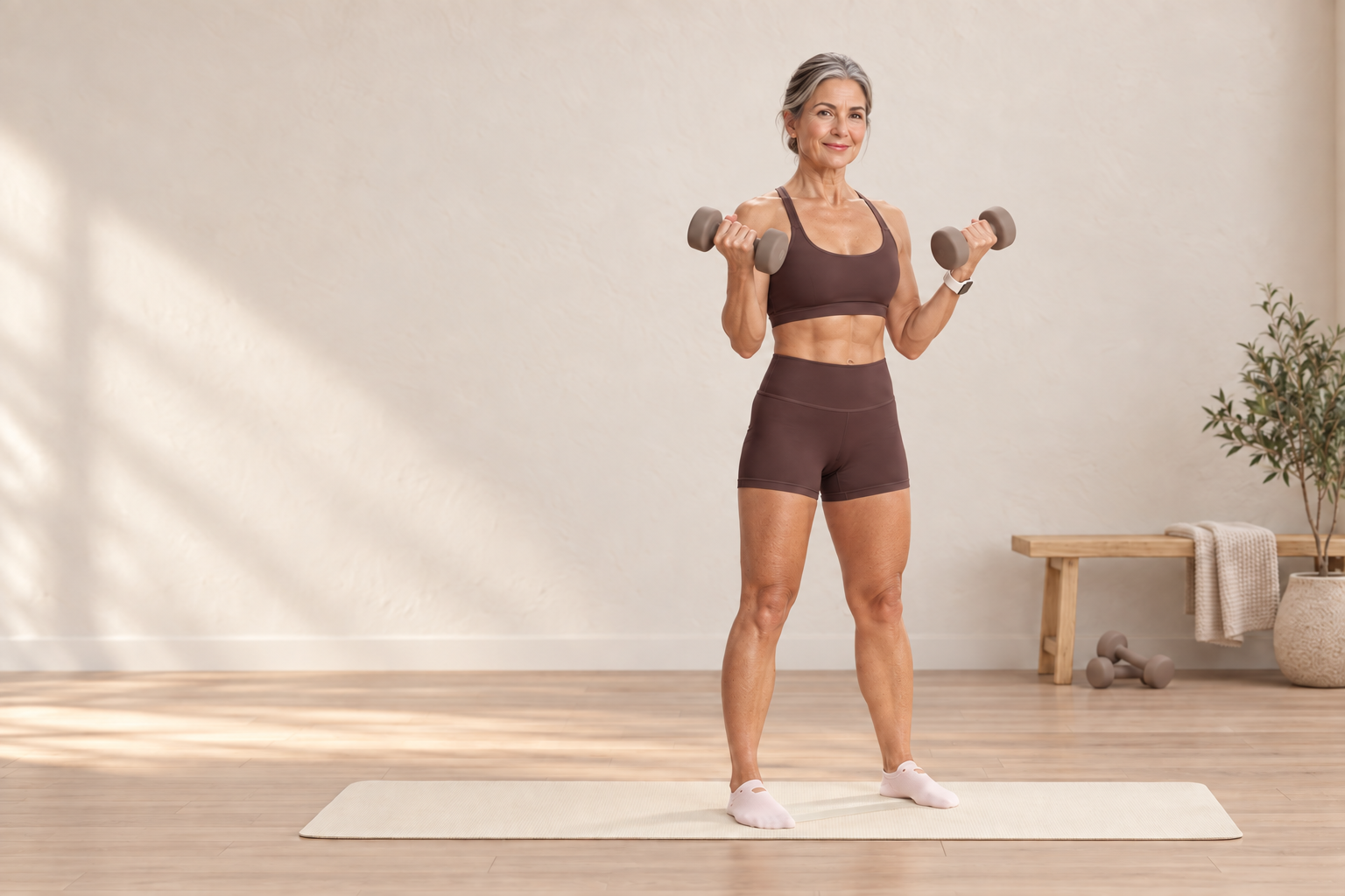 Woman performing dumbbell bicep curls at home for weight training for women over 50.