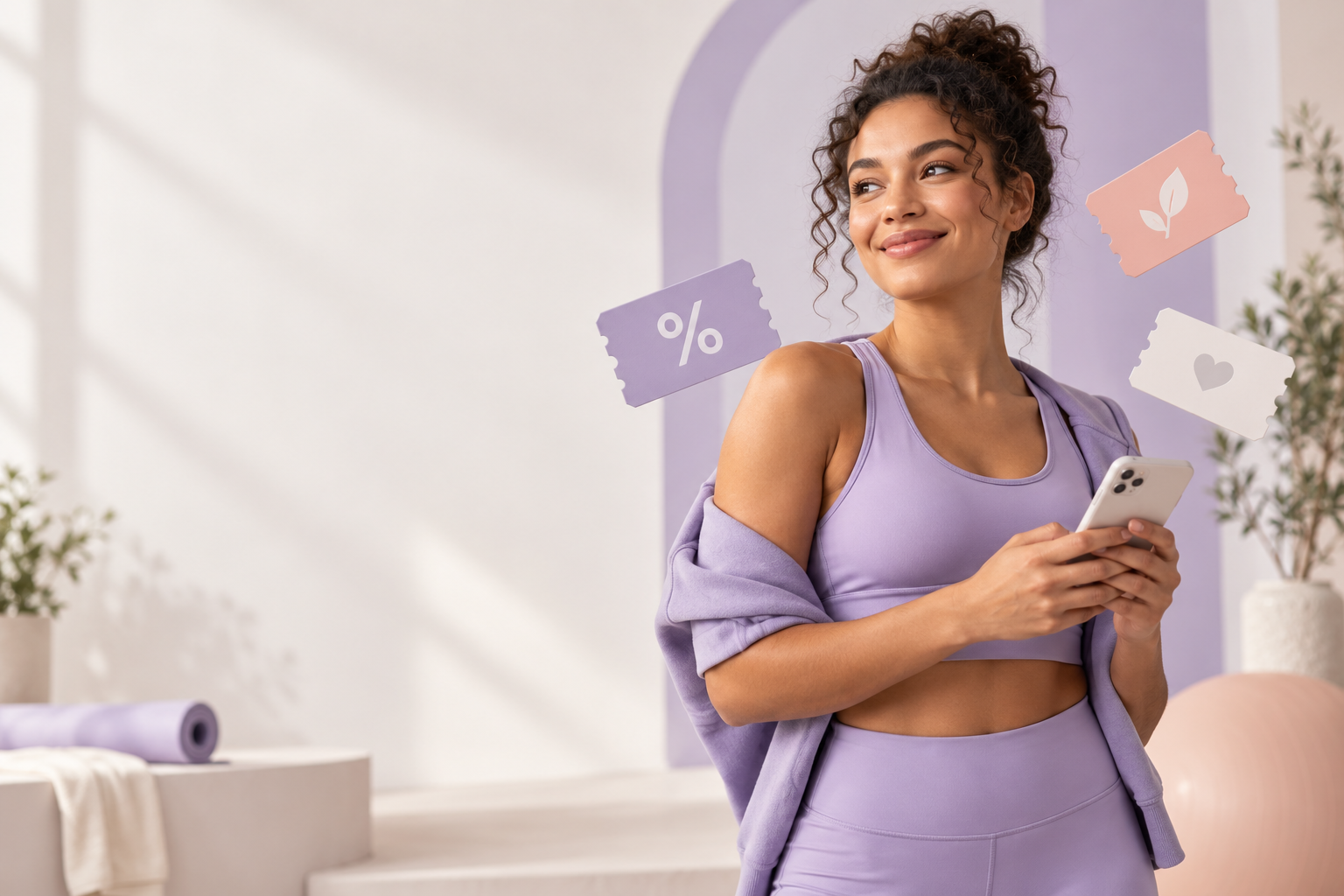 Woman holding a smartphone with discount icons for a BetterMe app promo code.