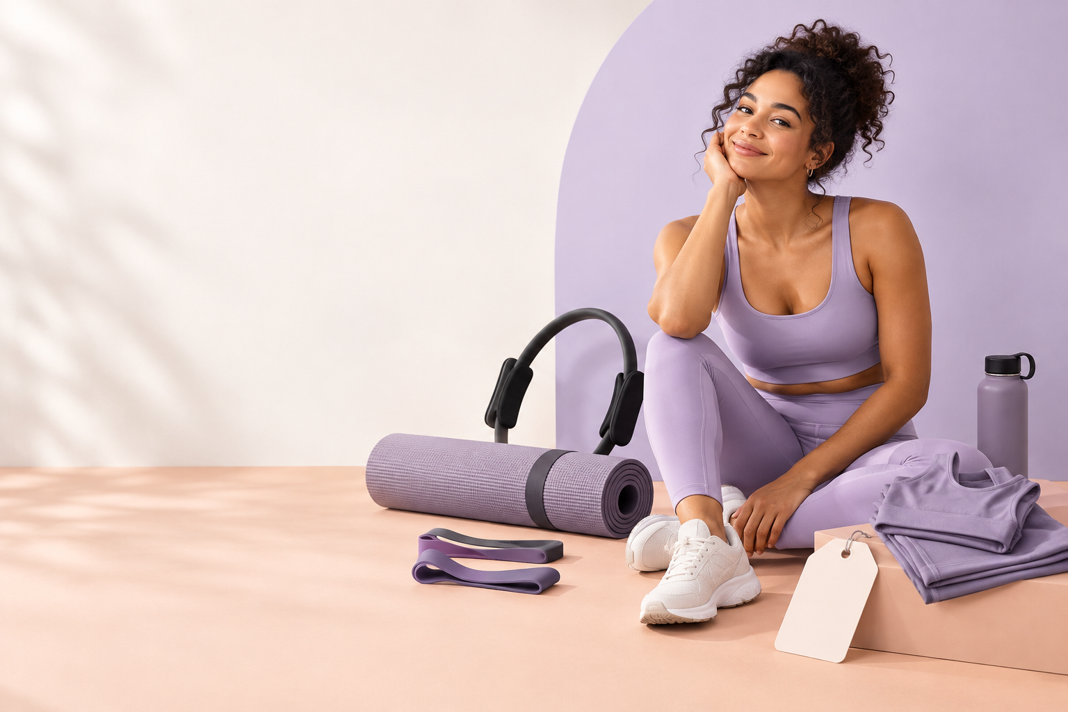Woman sitting with fitness accessories and activewear for a BetterMe Store discount code.