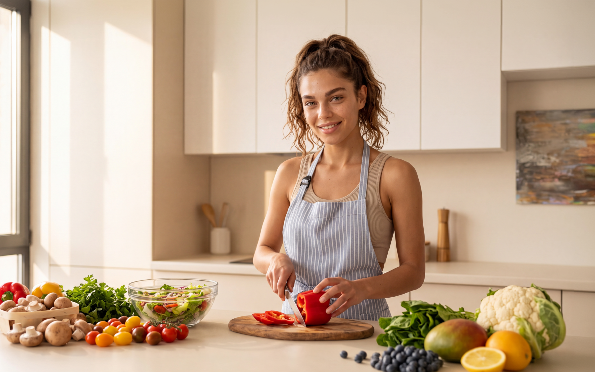 Woman preparing a fresh vegetable salad in the kitchen for plant based intermittent fasting.