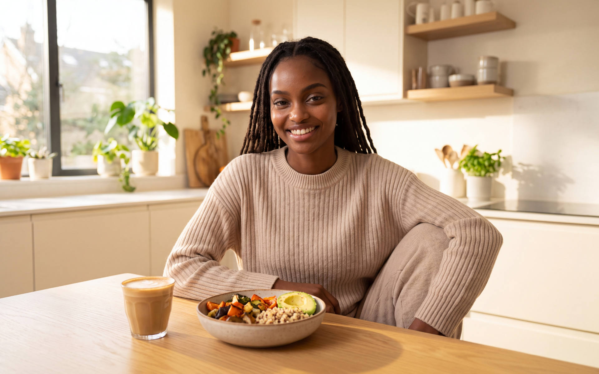 Woman sitting at a kitchen table with a balanced meal for how to eat on rest days.