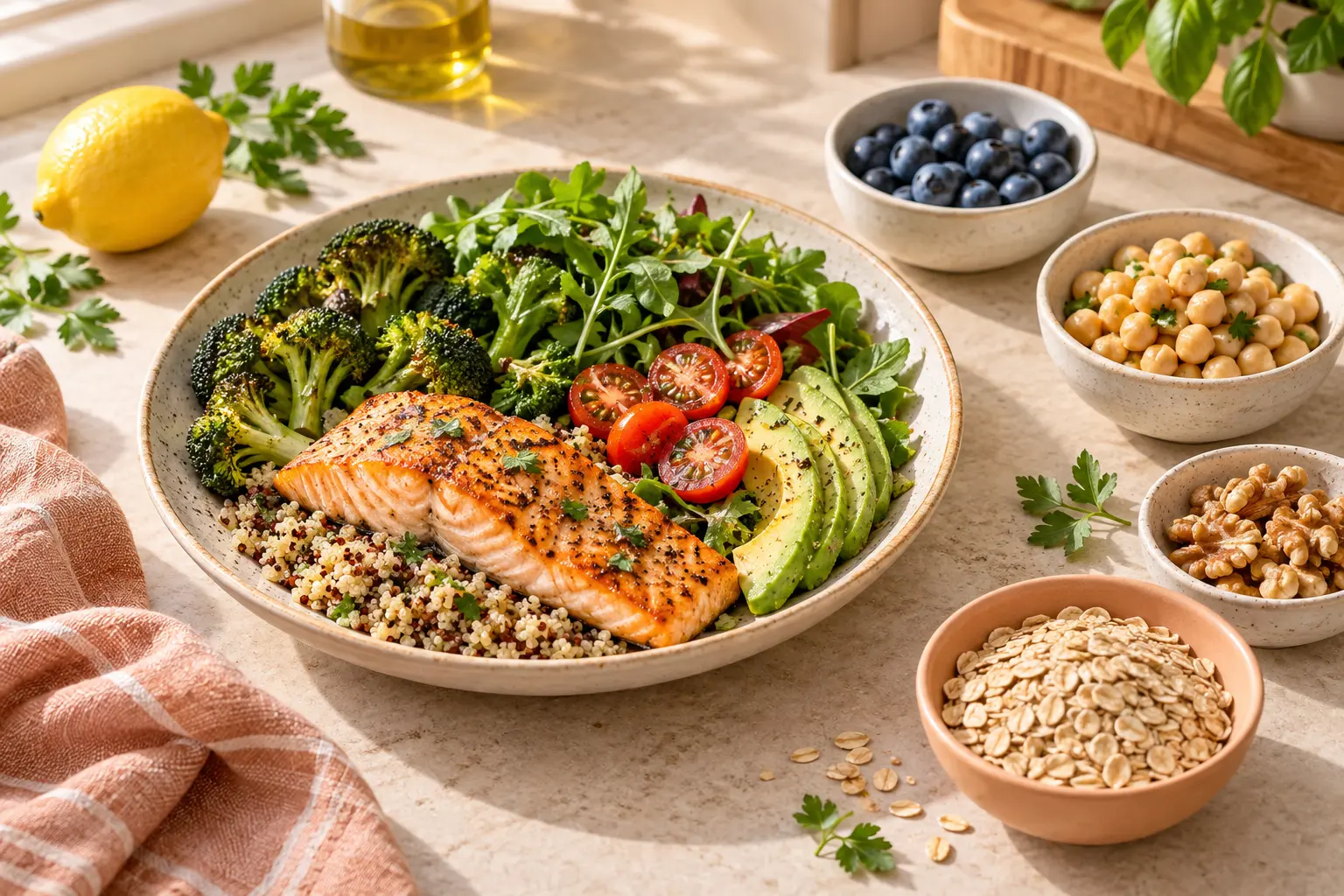 Salmon, quinoa, avocado, vegetables, berries, and nuts for a whole food diet for weight loss.