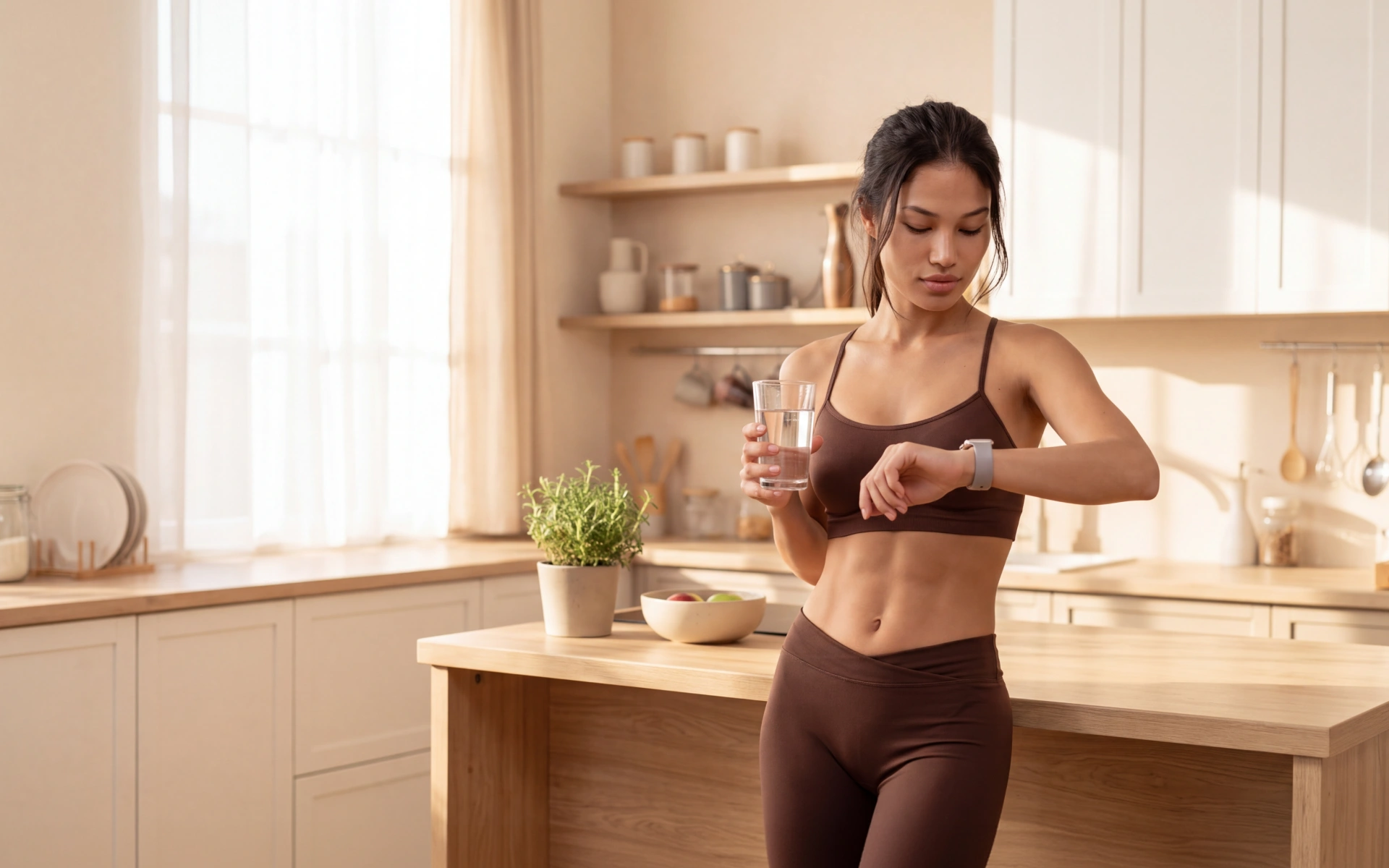 Woman holding a glass of water and checking her smartwatch for the long term effects of intermittent fasting.