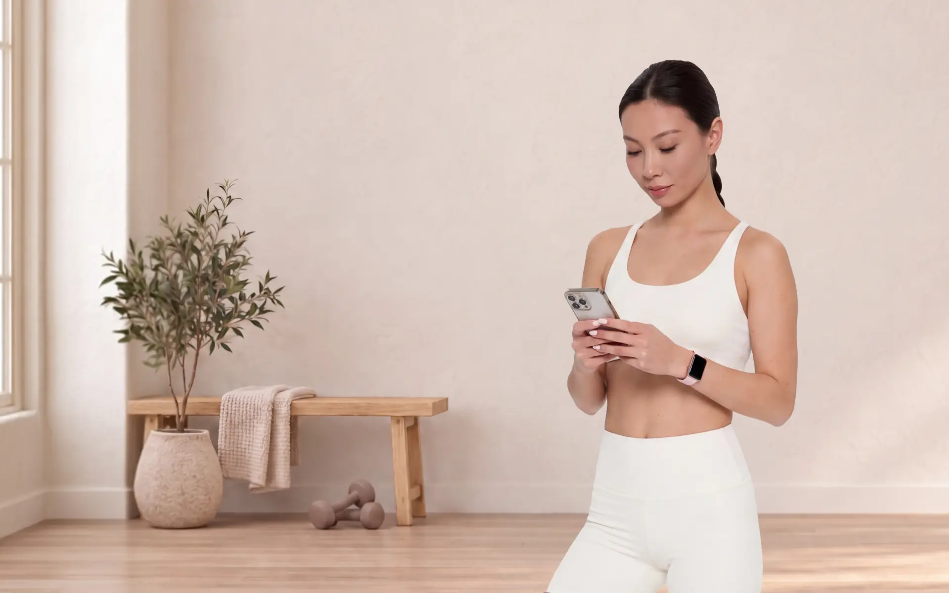 Woman using a smartphone at home for the best home workout app.