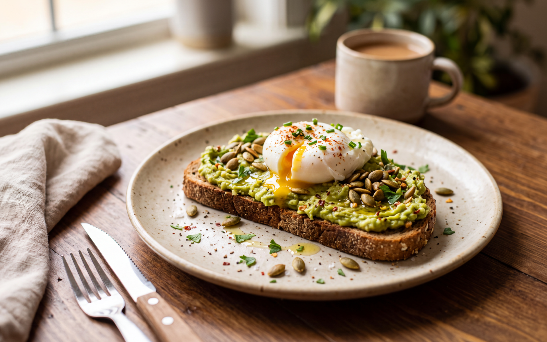 Avocado toast with a poached egg and seeds for foods to avoid when breaking a fast.