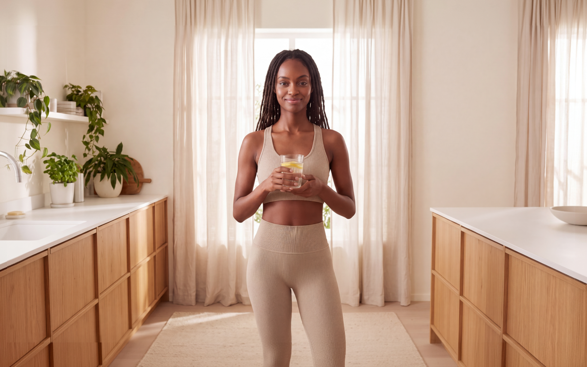 Woman holding a glass of lemon water during a 50 hour fast.