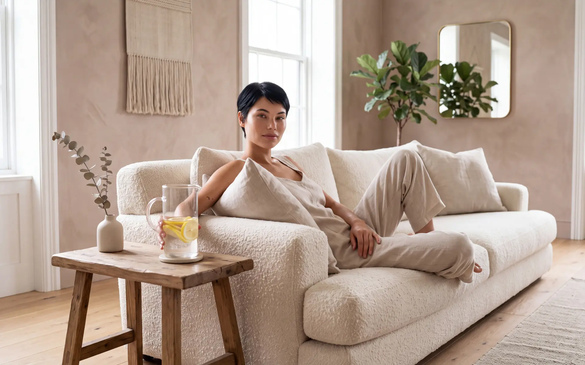 Woman resting on a sofa beside lemon water for a 72 hour water fast guide.