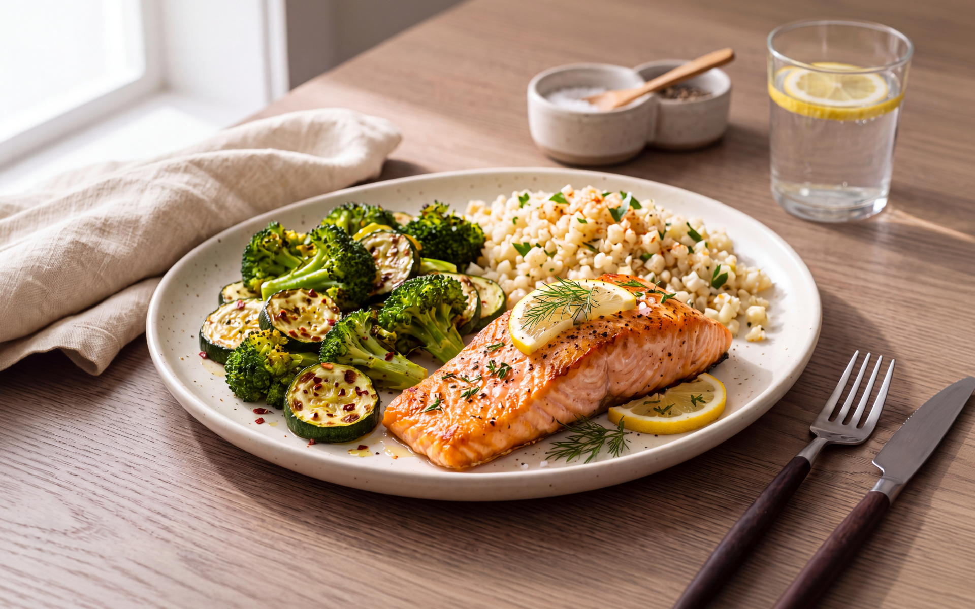 Salmon with roasted vegetables and whole grains for a 50 grams of carbs a day meal plan.
