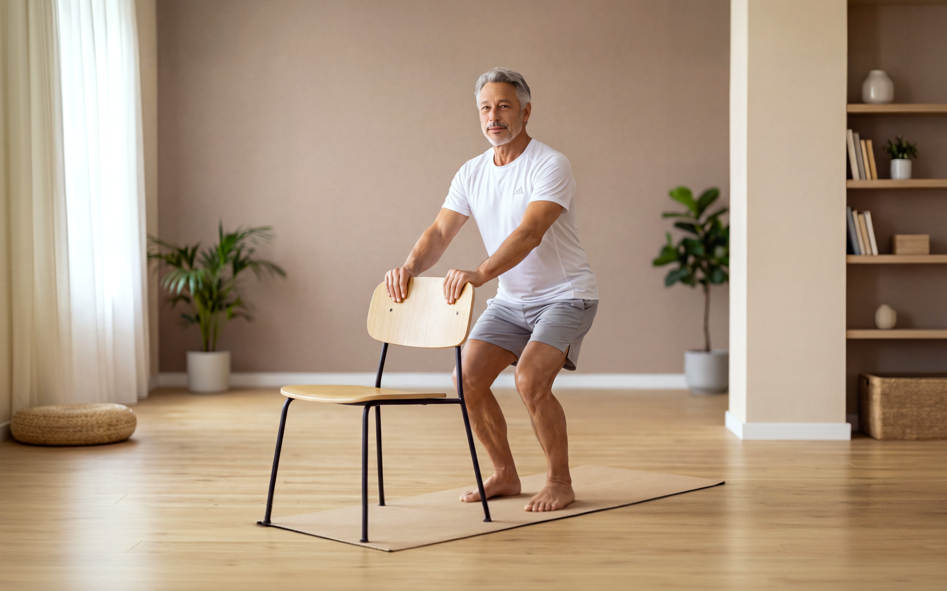 Older man using a chair for support while practicing yoga for older men at home.
