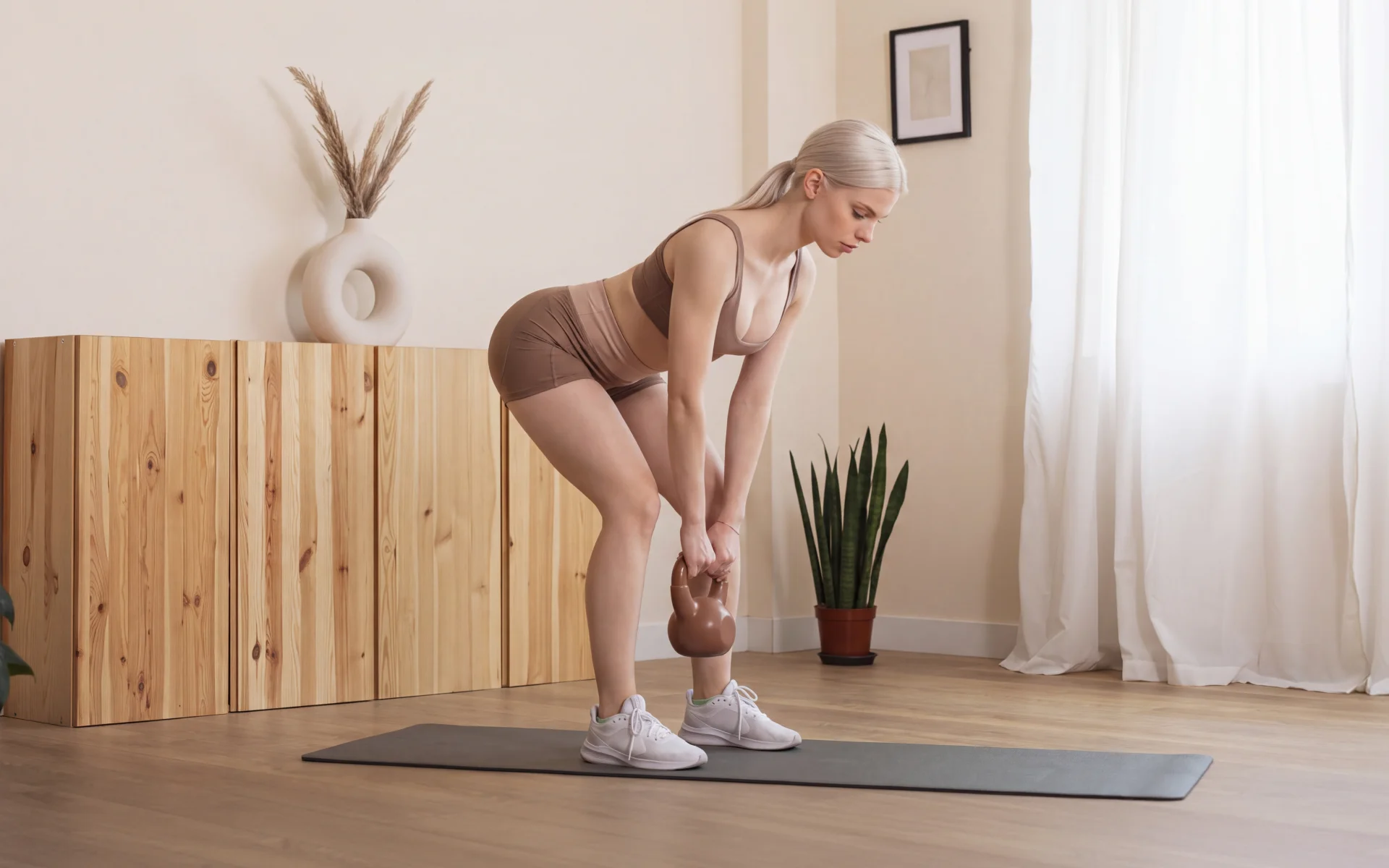 Woman performing a kettlebell deadlift at home for knee friendly leg exercises.