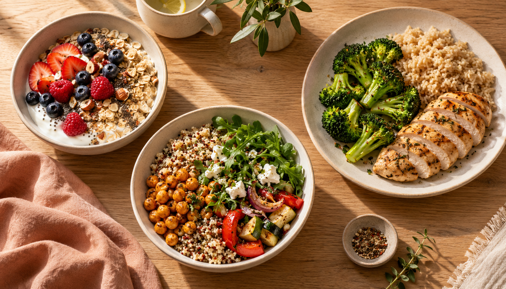 Bowls of grains, vegetables and broccoli, illustrating is 1400 calories good for weight loss.