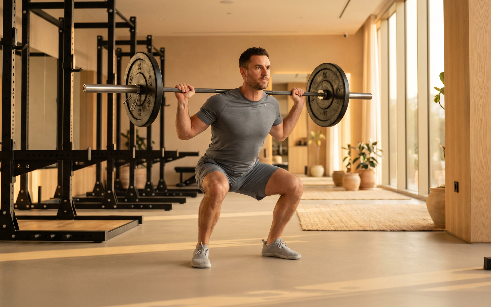 Man performing a barbell squat in the gym for a leg day workout for men.