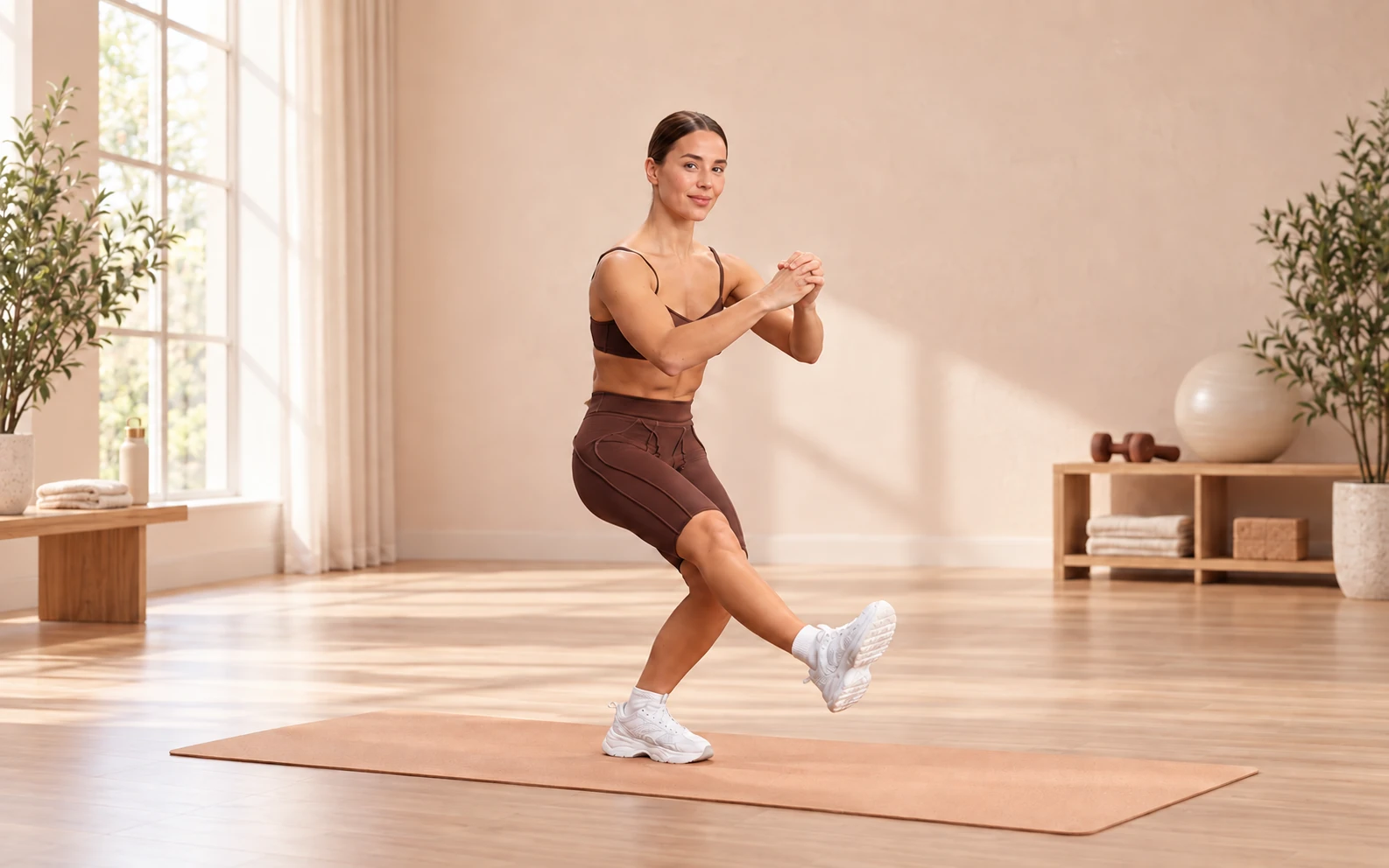 Woman performing a single-leg squat on a mat for a leg workout for women.