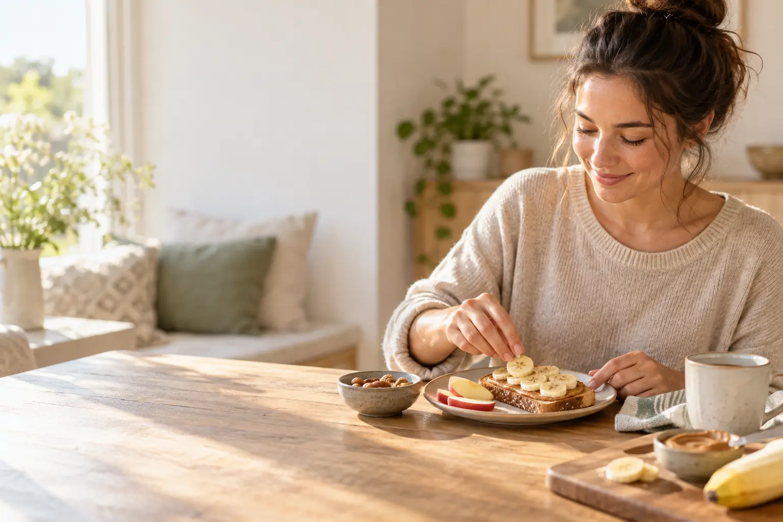 Woman preparing banana toast with fruit and nuts for healthy carb snacks.