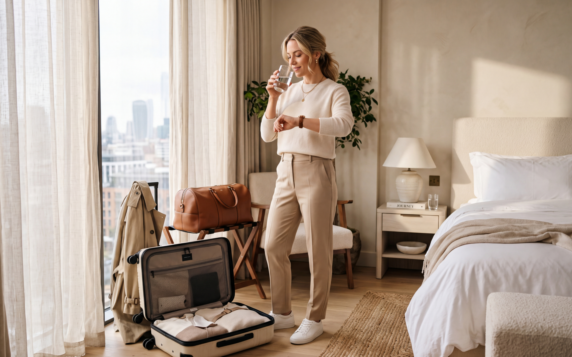 Woman drinking water and checking her watch while packing in a hotel room for fasting while traveling.