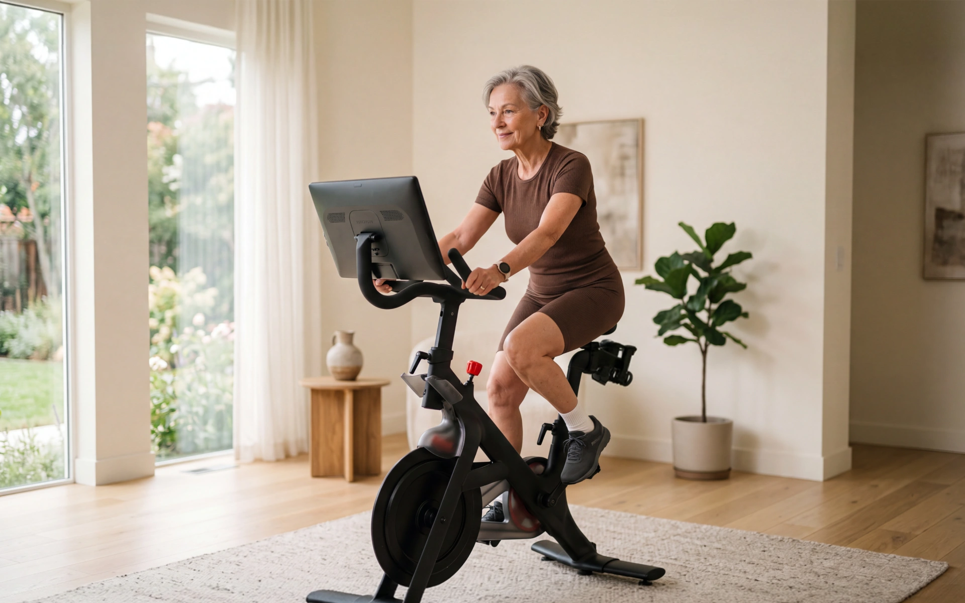 Older woman riding a stationary bike at home for HIIT for seniors.