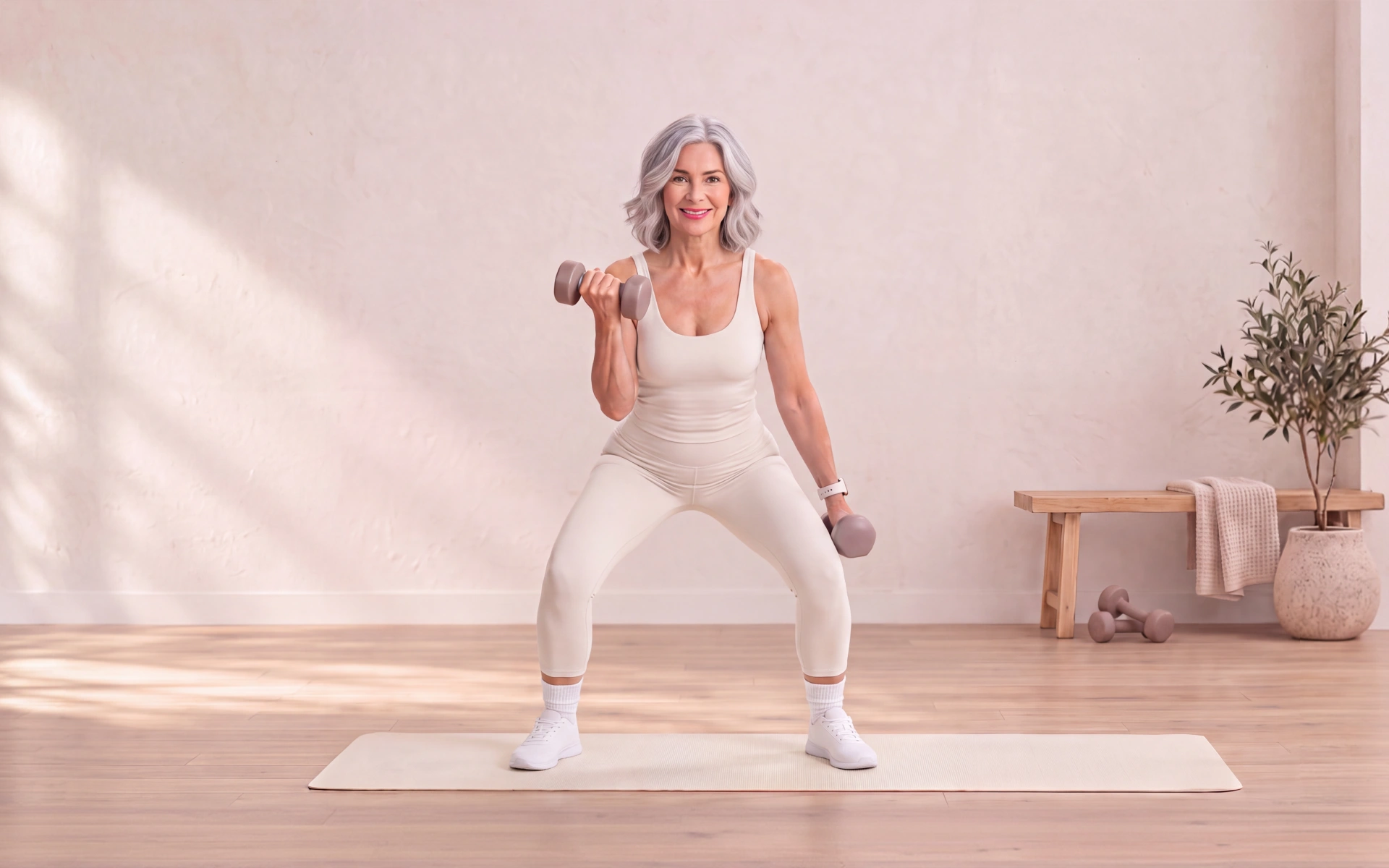 Older woman performing a dumbbell squat and curl for a HIIT workout for seniors.