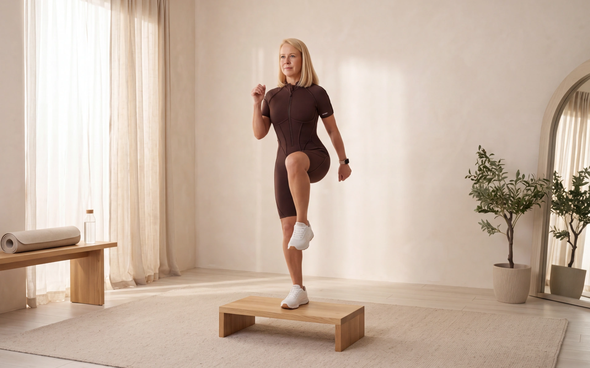 Woman doing a high-knee step exercise at home for HIIT workouts for women over 50.