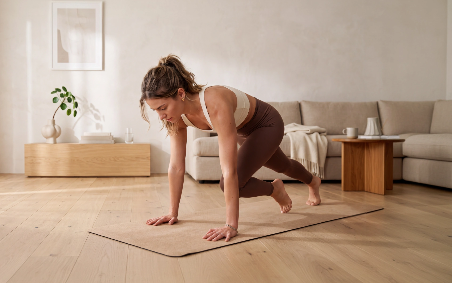 Woman performing mountain climbers on a mat for a 5 minute HIIT workout.