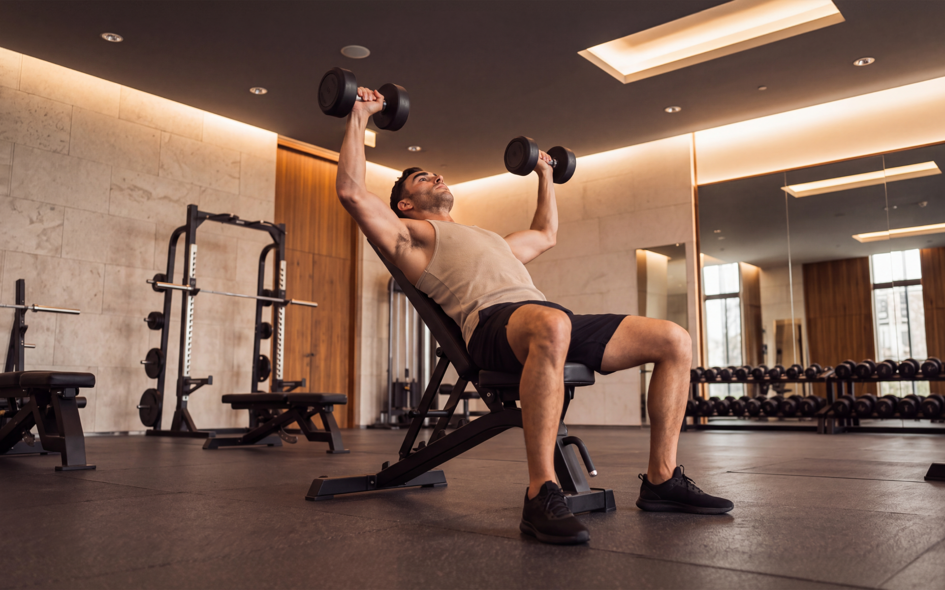 Man performing an incline dumbbell press in the gym for a chest and triceps workout.