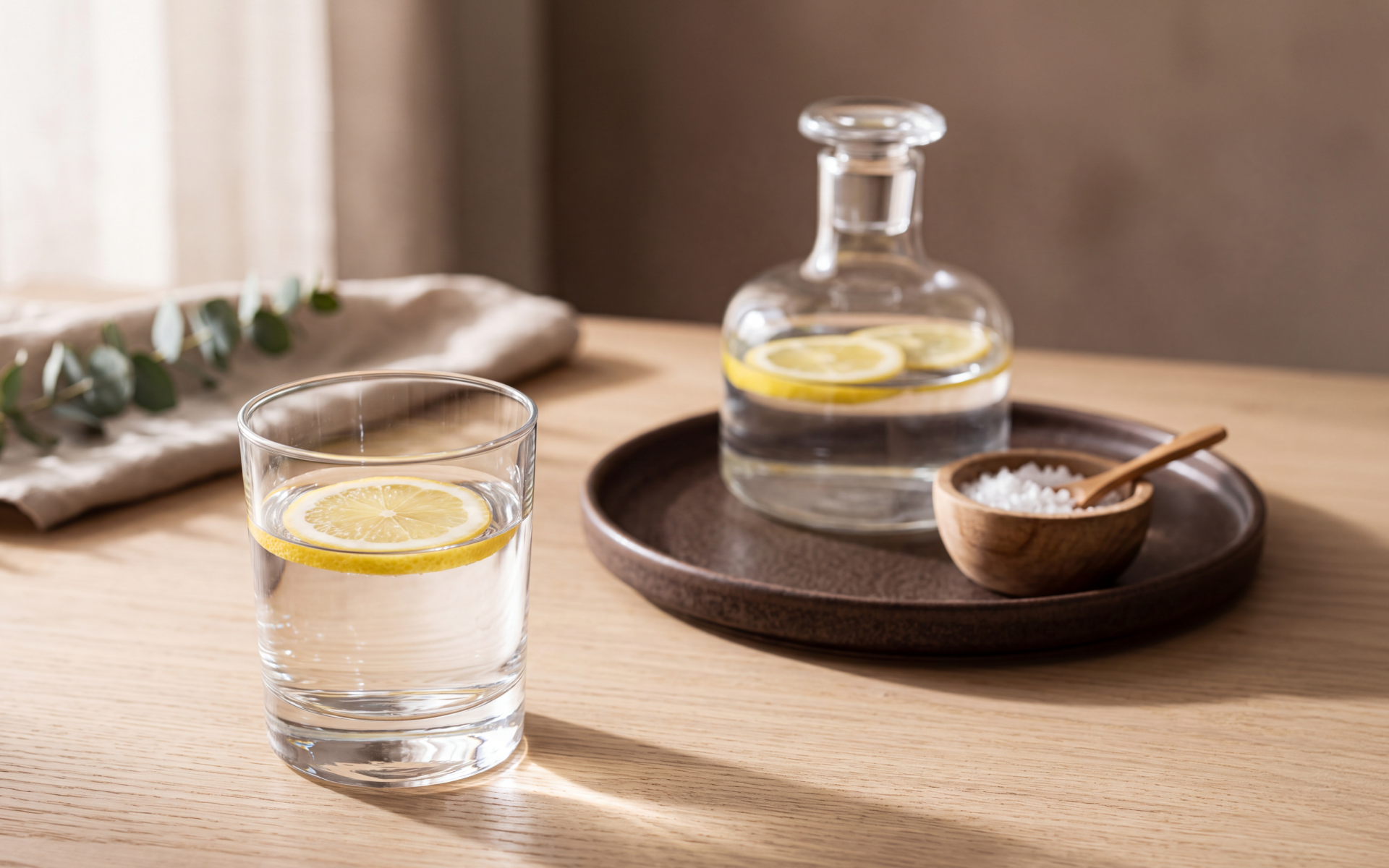 Glass of lemon water with a carafe and salt on a table for an 84 hour water fast.