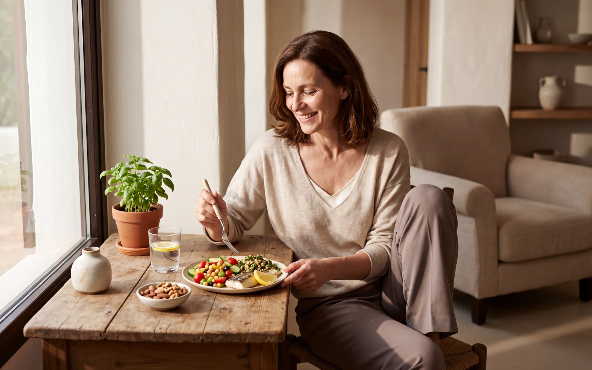 Woman eating a Mediterranean-style meal with fish, chickpeas, vegetables, and nuts for a Mediterranean diet for menopause.