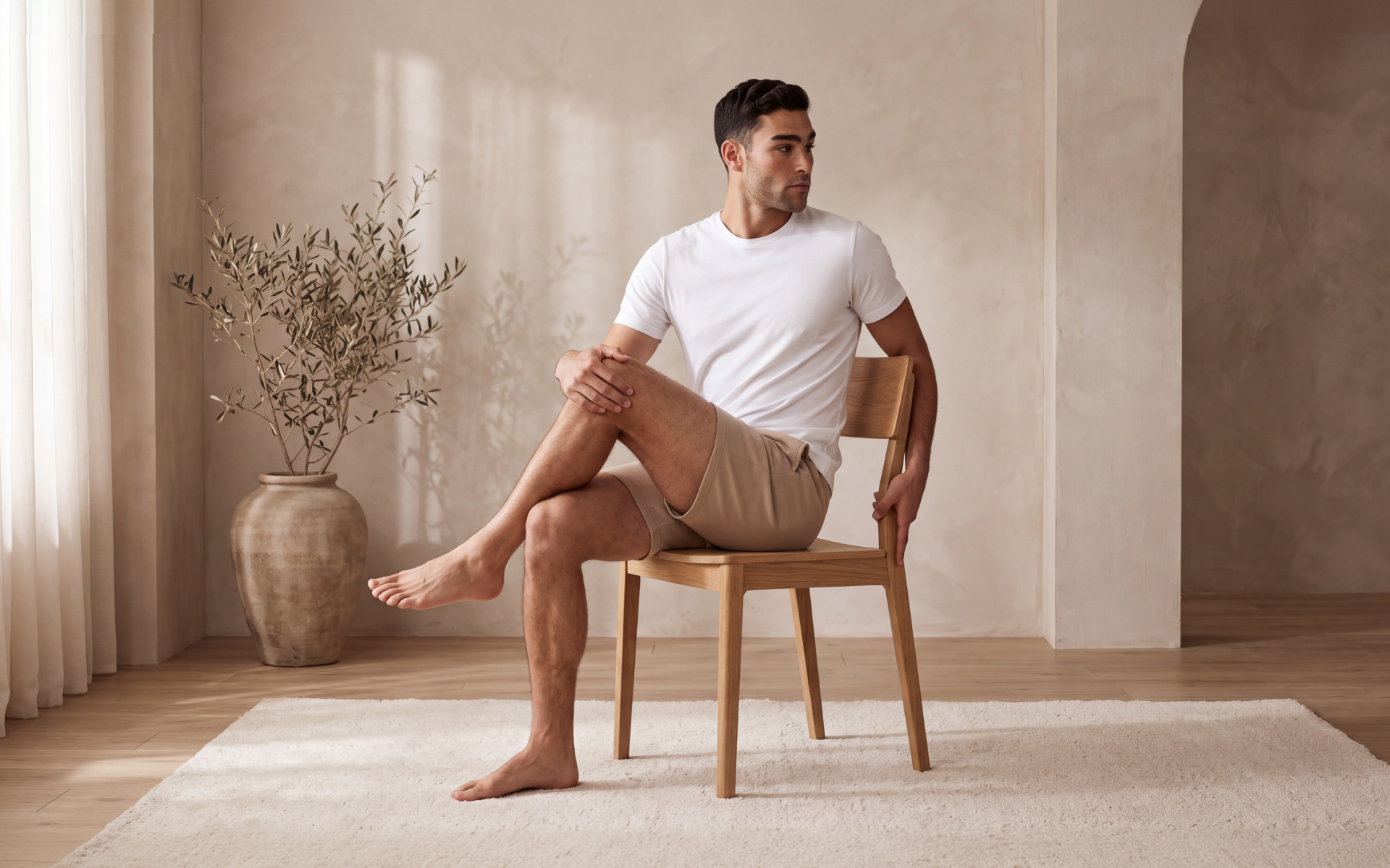 Man performing a seated spinal twist for chair yoga for men beginners.