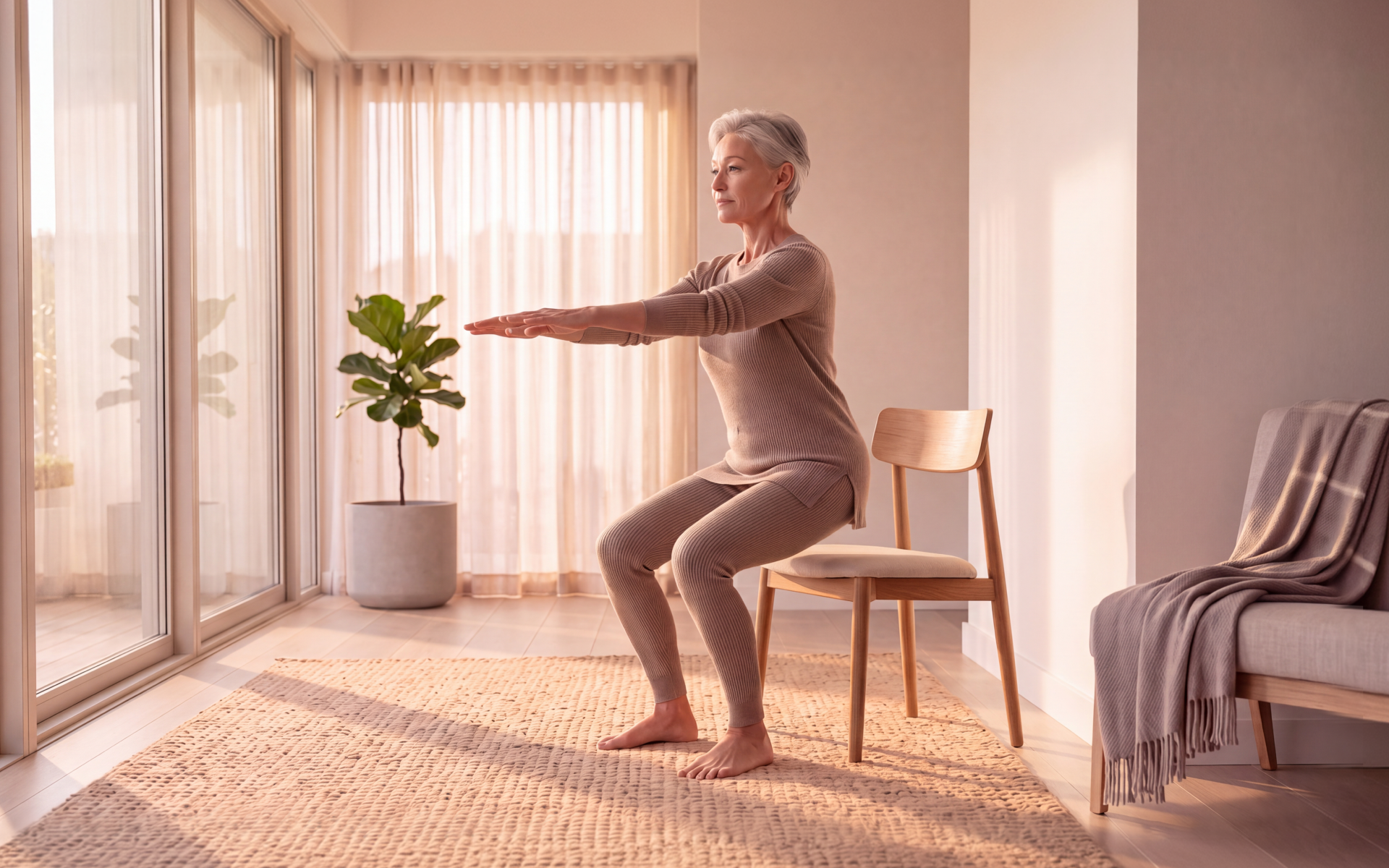 Older woman performing a chair squat at home for strength training for seniors.