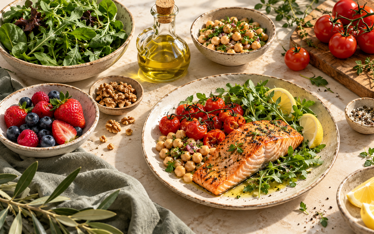 Salads, fish, nuts and olive oil on a table, showing what's good for inflammation.