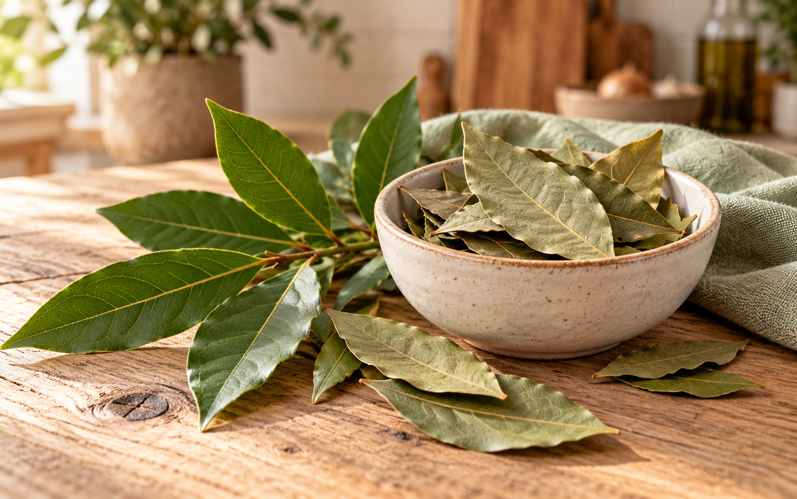 Bowl of dried bay leaves on a wooden table, illustrating bay leaf benefits.