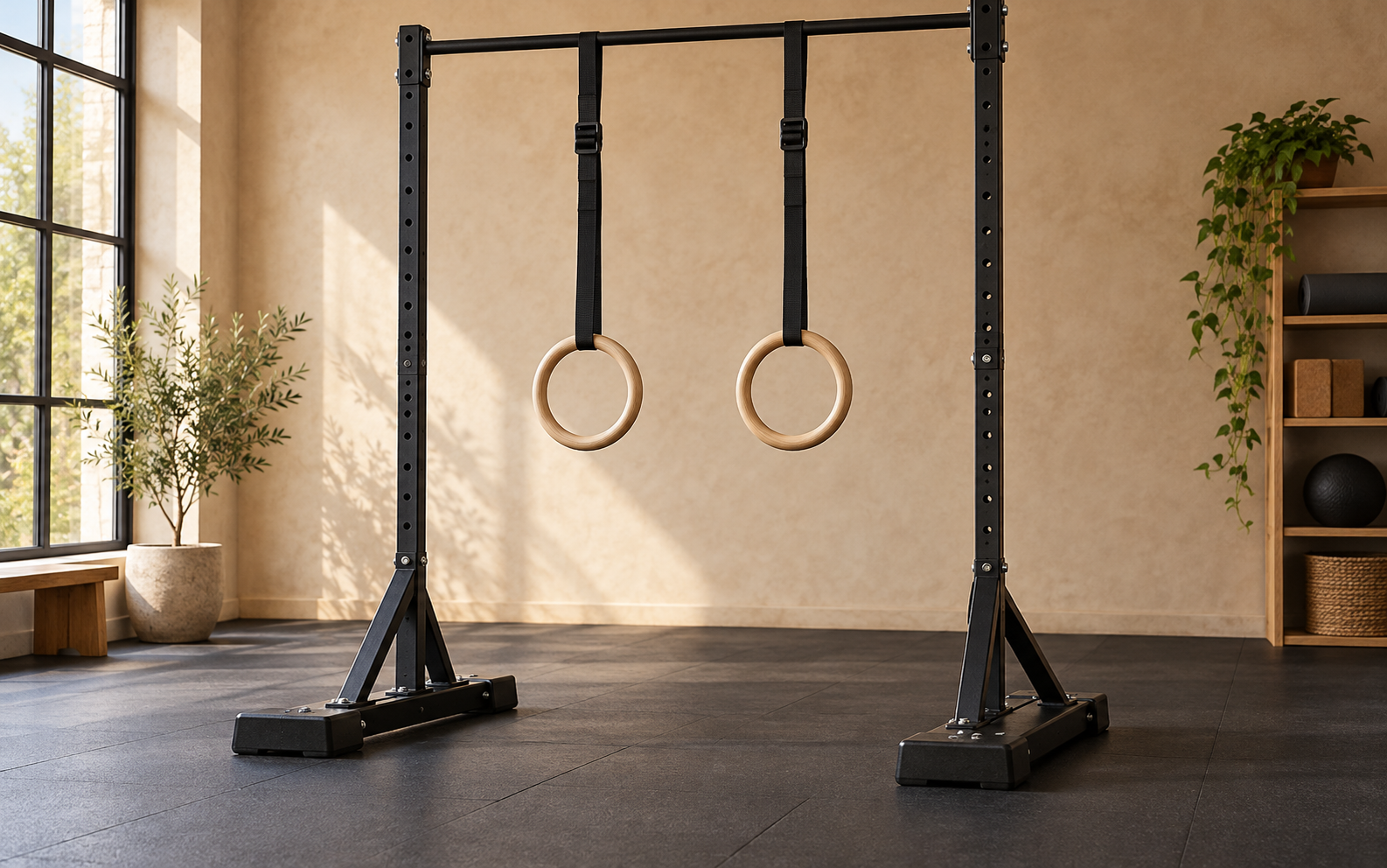 Pull-up bar with gymnastic rings for a calisthenics pull workout.