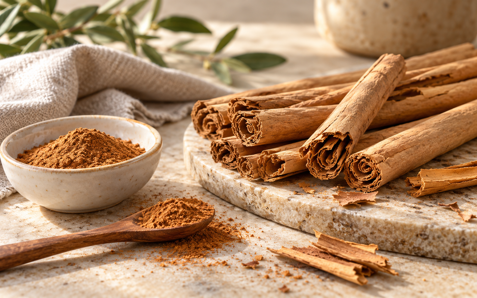 Ceylon cinnamon sticks and ground cinnamon on a table, illustrating ceylon cinnamon health benefits.