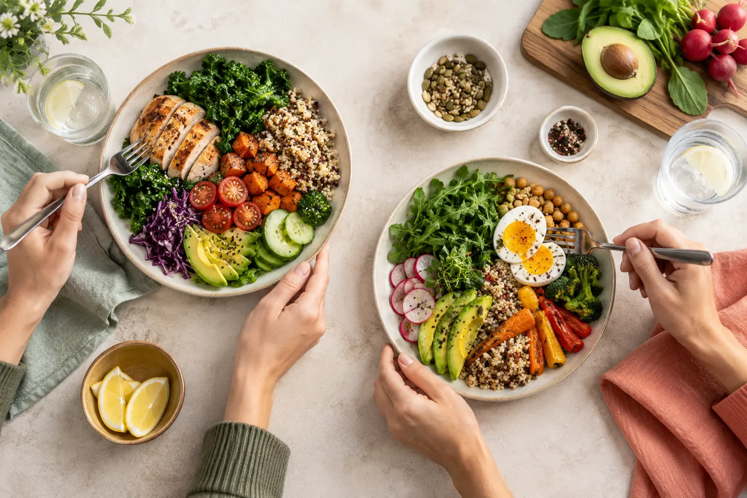 A balanced plate with vegetables, protein, whole grains, and a source of unsaturated fat.