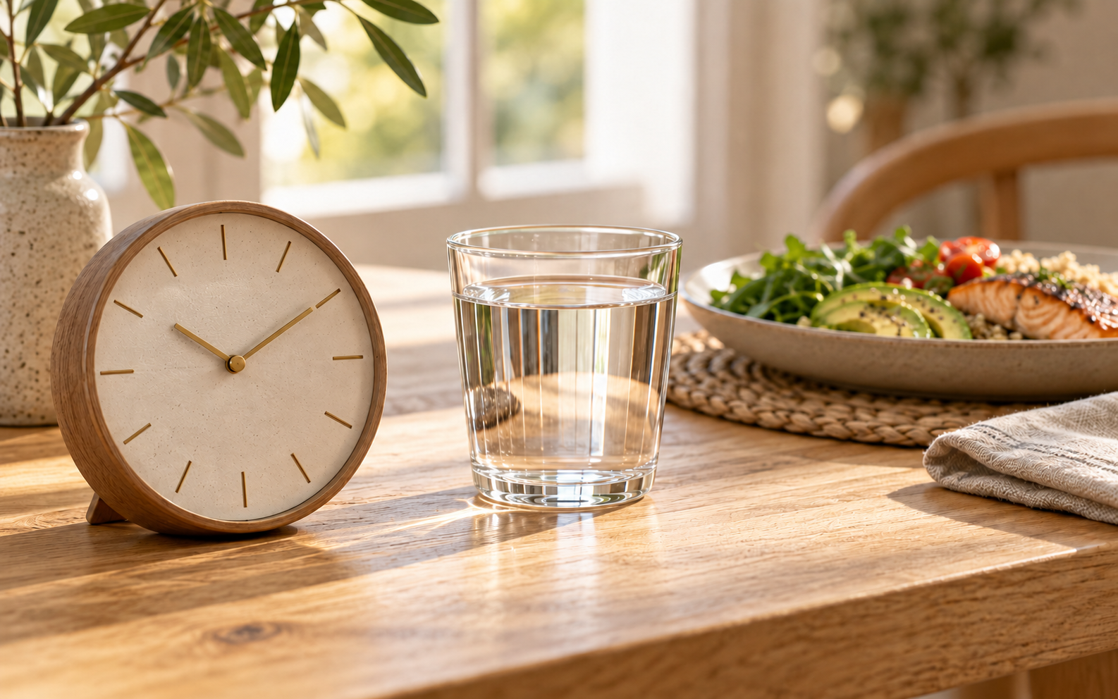 Clock, glass of water and salad on a table for an hourly benefits of fasting chart.