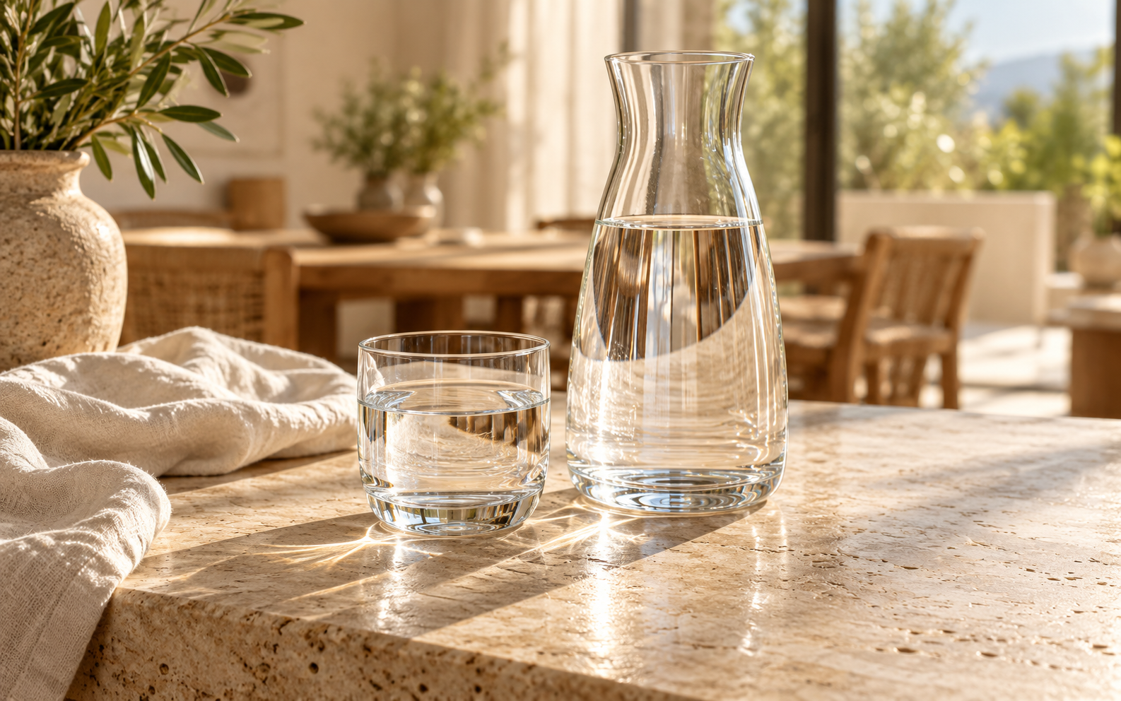 Glass carafe and glass of water on a table, illustrating does drinking water help lose weight.