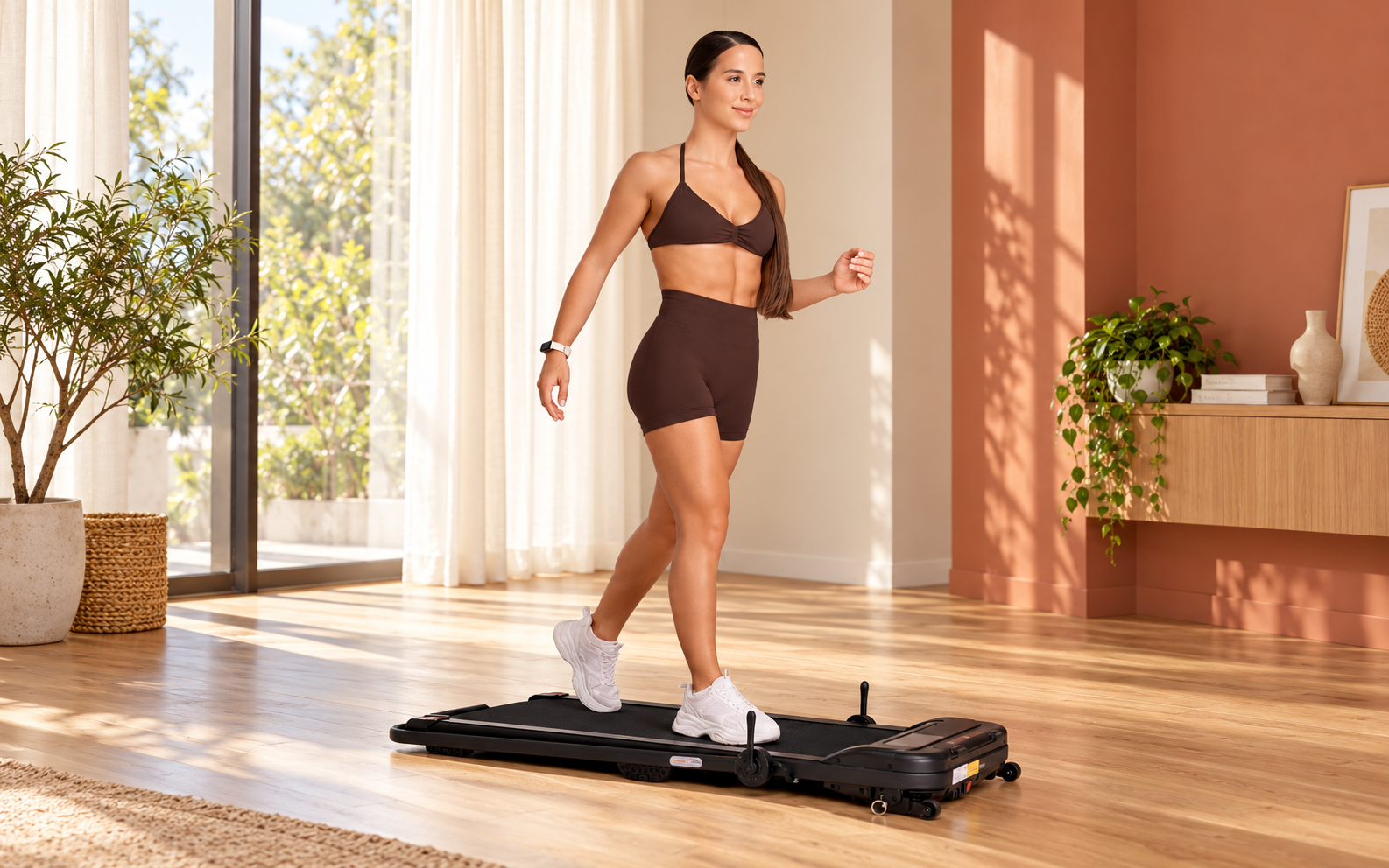 Woman walking in her living room doing indoor walking exercises.