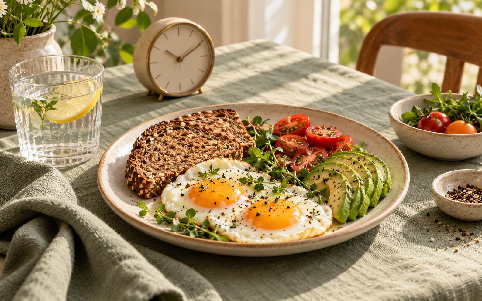 Balanced plate with eggs, bread and salad next to a clock for intermittent fasting for women over 45.