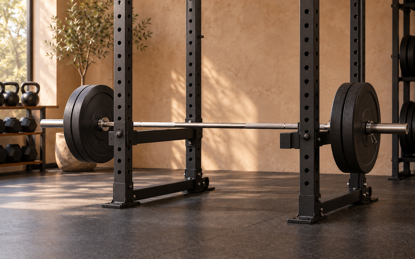 Loaded barbell set on safety pins in a power rack for a rack pull.