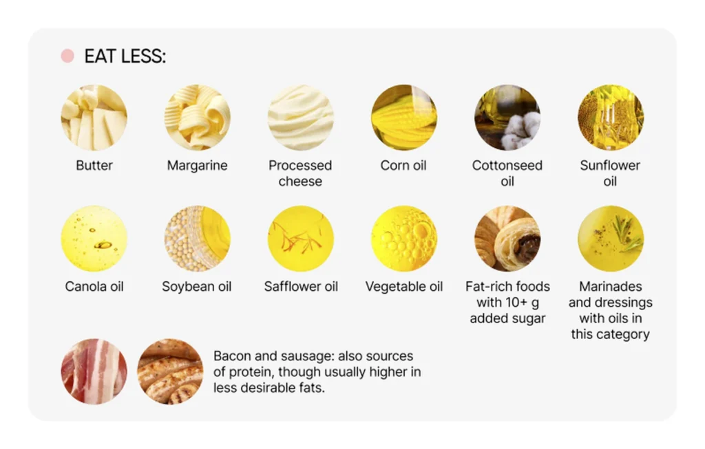Examples of fat-rich foods to eat less often within a flexible healthy-plate framework.